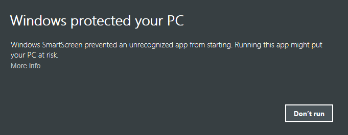 Windows SmartScreen dialog